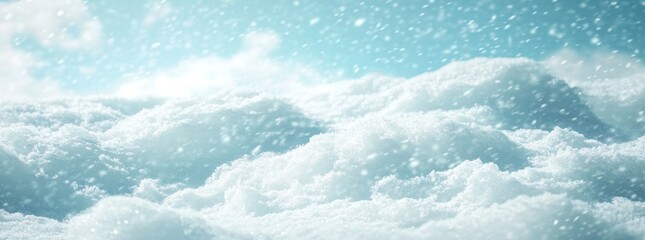 Wall Mural - A banner-style background showcasing snowdrifts and a blue sky filled with snowflakes and beautiful light, enhanced by elegant bokeh circles, with plenty of space for text.