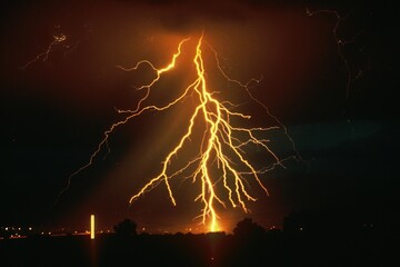 Wall Mural - A dramatic stormy weather scene with a lightning bolt illuminating the city skyline