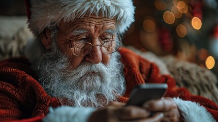 Wall Mural - Santa Claus checks his smartphone while relaxing by the fire during Christmas time. Generative AI