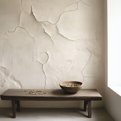 Wall Mural - Minimalist wooden bench with a decorative bowl against a textured cracked wall