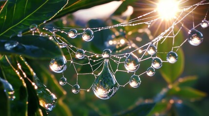 Raindrops on a Spider Web Sparkling in the Su