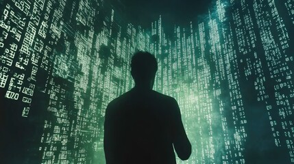 Wall Mural - silhouette of a person facing a digital data stream wall.