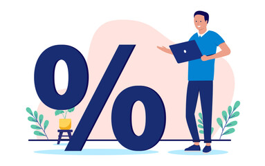 Leinwandbilder - Person and percentage sign - One man standing with laptop computer looking at symbol for percent. Finance, tax, and savings concept in flat design vector illustration on white background
