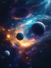 Poster - Surreal cosmic scene planets in swirling vortex of energy. Vivid colors, glowing patterns suggest abstract representation of space-time journey. Planets seem to spin in cosmic dust. Dynamic energy