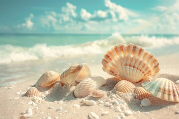 Wall Mural - coastal scene with seashells and sand, suitable for travel or nature-inspired designs