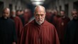 ©  Shomixer - A serious-looking clergyman stands amidst a group of similarly robed men in a somber corridor, possibly reflecting on profound thoughts or responsibilities.