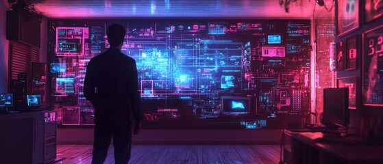 Wall Mural - man observing a futuristic, digital wall displaying complex data in a neon-lit room.