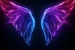© Neon Gallery - A bold neon outline of a feathered angel wing ornament in purple and blue tones, standing out against a deep black background.