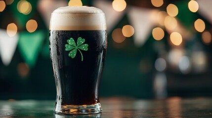 Traditional Irish dark beer with shamrock foam art for St Patrick's day celebration. Festive dark stout beer glass on bar counter with bokeh lights and party decorations