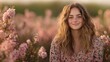 ©  Shomixer - A woman is photographed smiling warmly and seated among vibrant pink blossoms, capturing a moment of joy, beauty, and serenity in nature's colorful embrace.