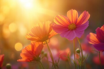 Poster - A bright and colorful field of flowers under a warm sunny day