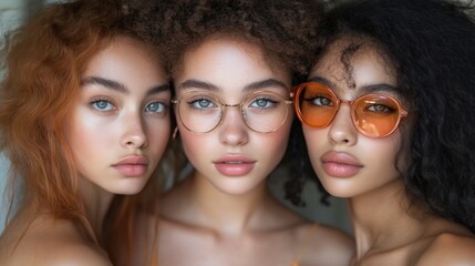 Three diverse young women with different hair colors and eyewear.