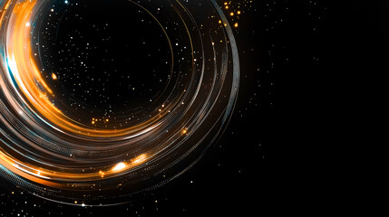 Wall Mural - airy digital neon orange and brown tech swirl on black background with copy space. science, futurist