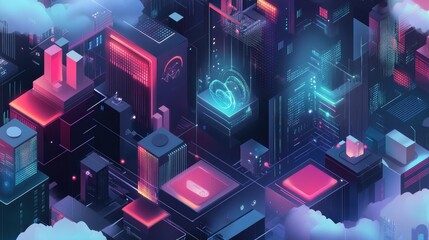 Wall Mural - futuristic isometric city with glowing neon buildings and digital elements.