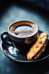 A cup of coffee and a biscuit on a plate, perfect for breakfast or brunch