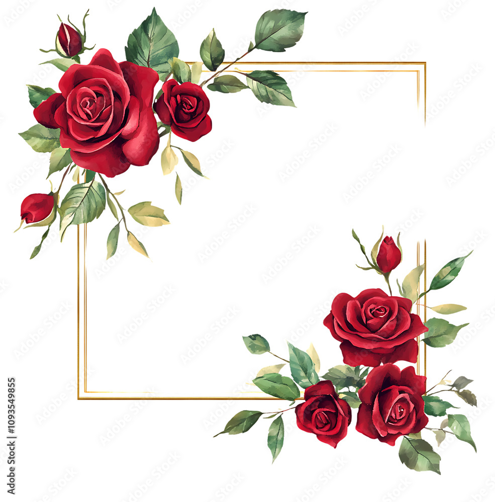 Elegant floral frame with red roses and gold border. Stock Photo ...