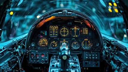 Fighter jet cockpit with illuminated instruments and controls.