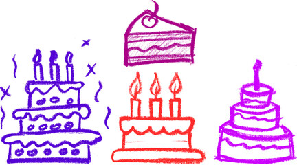 Wall Mural - birthday cake and slice crayon chalk drawing vector set