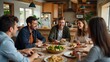 © fotoluigi868 - A happy family gathers around a table filled with delicious food and warm conversation in their stylish loft home.