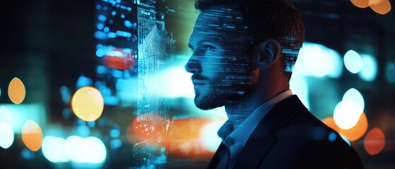 Wall Mural - man contemplating digital data overlay on face at night.