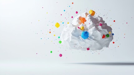 Abstract colorful shapes exploding from white cloud.