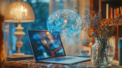 Wall Mural - holographic brain above laptop on wooden table.