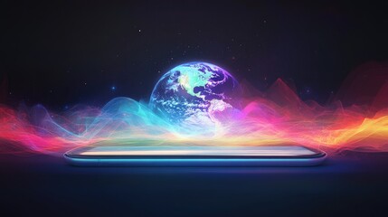 Wall Mural - Glowing Earth on futuristic phone screen.