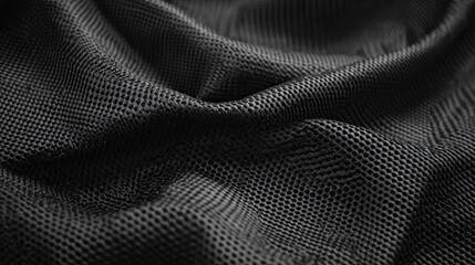 Close-up of textured black fabric with waves and folds.