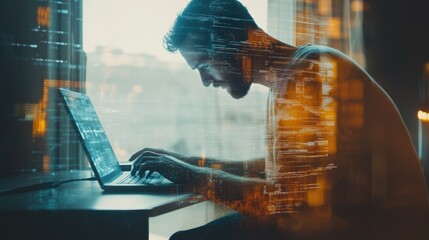 Wall Mural - programmer working on laptop at home, code overlay.