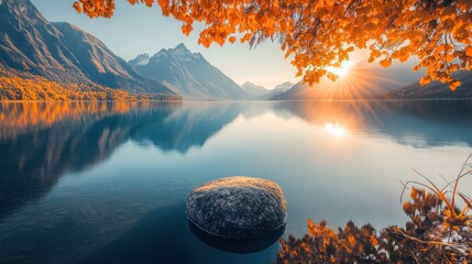 Fototapete - Tranquil lake scene with mountains and autumn foliage at sunset.