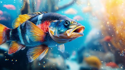 Wall Mural - A colorful fish swimming in an aquarium with its mouth open