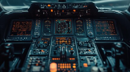 Modern aircraft cockpit with illuminated control panel and digital displays.