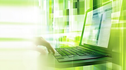 Fototapete - A hand interacting with a laptop amidst a vibrant digital background.