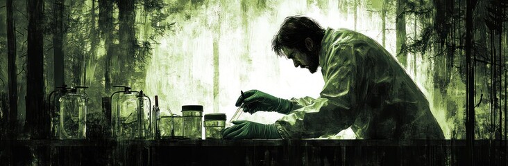 Aufkleber - A scientist in a lab coat conducts experiments in a green, forest-like environment.