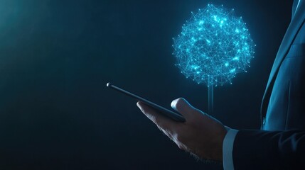 Wall Mural - businessman using tablet, digital tree hologram.