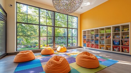 Aufkleber - A vibrant playroom with bean bags, colorful mats, and shelves filled with toys.