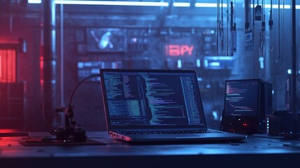 Wall Mural - hacker's laptop with code on screen in a dark room.