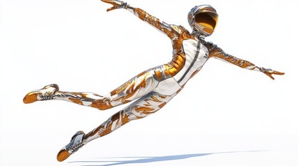 Poster - A futuristic figure in a sleek, metallic suit appears to be flying through the air.