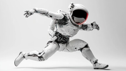 Fototapete - A futuristic robot astronaut in a dynamic running pose against a minimalistic background.