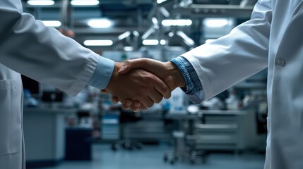 Poster - Two individuals in lab coats shaking hands in a medical or scientific setting.
