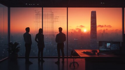 Fototapete - Silhouetted figures in an office at sunset, overlooking a city skyline.