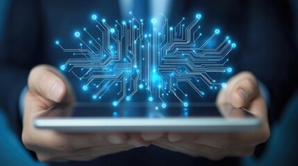 Wall Mural - person holding tablet displaying digital brain circuit.