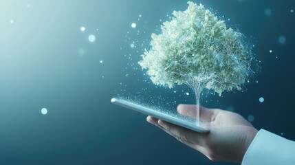 Wall Mural - Digital tree growing from a smartphone in a hand.