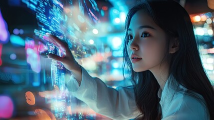 Wall Mural - woman interacts with futuristic holographic interface. (1)