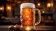 ©  Foring_Stock - Close-up of beer in a frosty stein with condensation, set in a rustic pub setting.Close-up of frosty lager in a stein, rustic pub backdrop enhancing the charm.