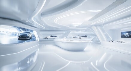 Poster - Sleek, futuristic interior showcasing automotive designs in a bright, minimalist environment.