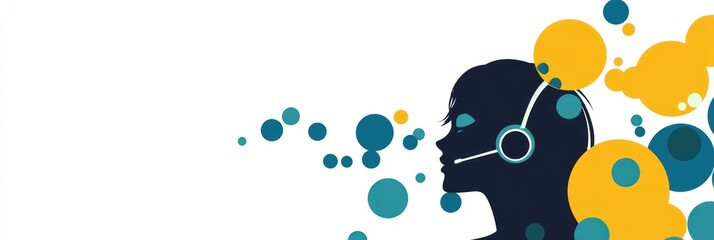Fototapete - A stylized silhouette of a person with a headset, surrounded by colorful bubbles.