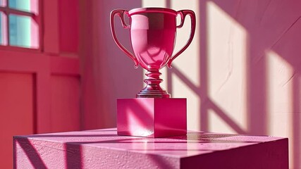 Fototapete - A glossy trophy shines brightly atop a bold pink pedestal in a sunlit interior, creating vibrant shadows across the surface. The atmosphere feels celebratory and artistic.
