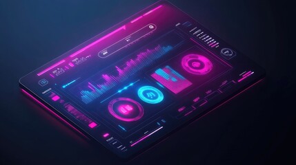 Wall Mural - futuristic tablet displaying data analytics, graphs, and charts with vibrant neon colors.