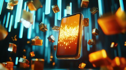 Wall Mural - Smartphone displaying glowing data stream amid falling cubes and neon lines.